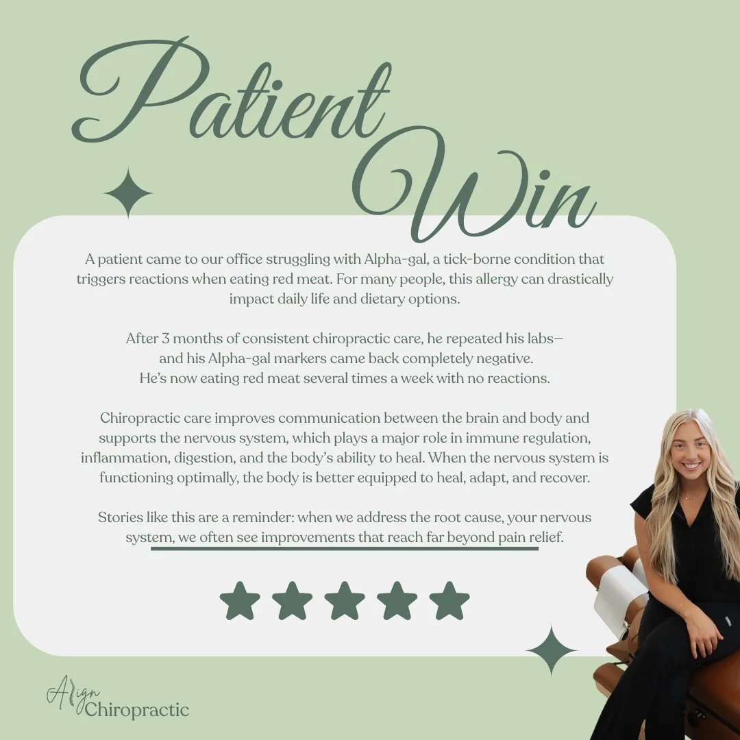 A huge patient win!!!

This patient came to us unable to eat red meat due to Alpha-gal. After 3 months of consistent chiropractic care, his follow-up labs came back negative &mdash; and he&rsquo;s now enjoying red meat several times a week with zero 
