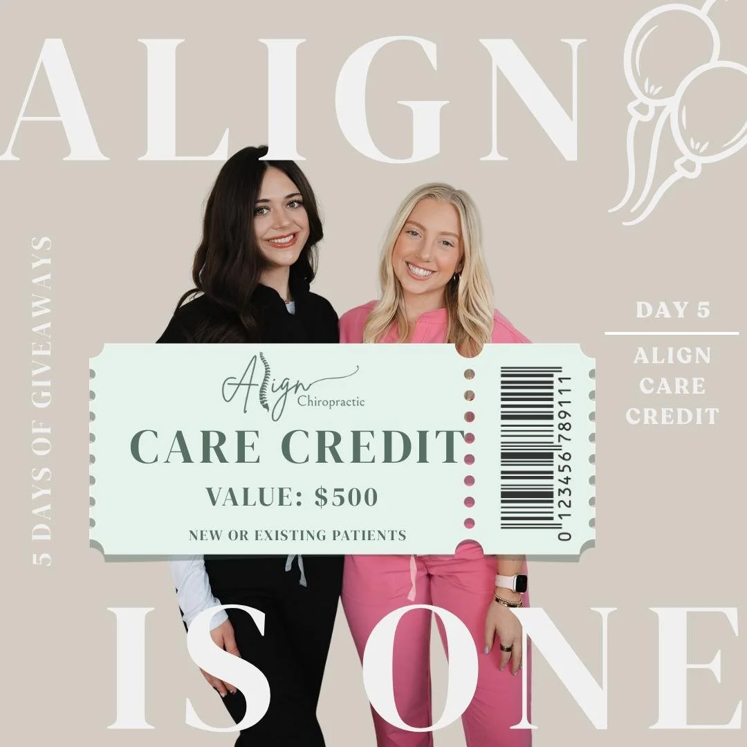 DAY 5/5 🎉

To wrap up an unforgettable first year at Align, we&rsquo;re giving away a $500 Care Credit to Align Chiropractic 🙌

Valid for new OR existing patients 🤍

Whether you&rsquo;ve been thinking about starting care, continuing your care plan