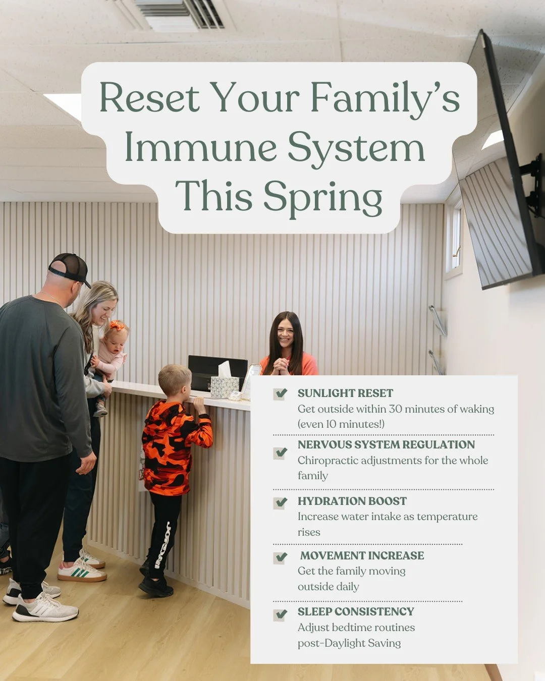 First day of spring = time to reset your family's immune system!

Your family just spent months indoors, fighting off winter viruses, dealing with less sunlight, and accumulating stress in their nervous systems.

Your immune system is depleted and no