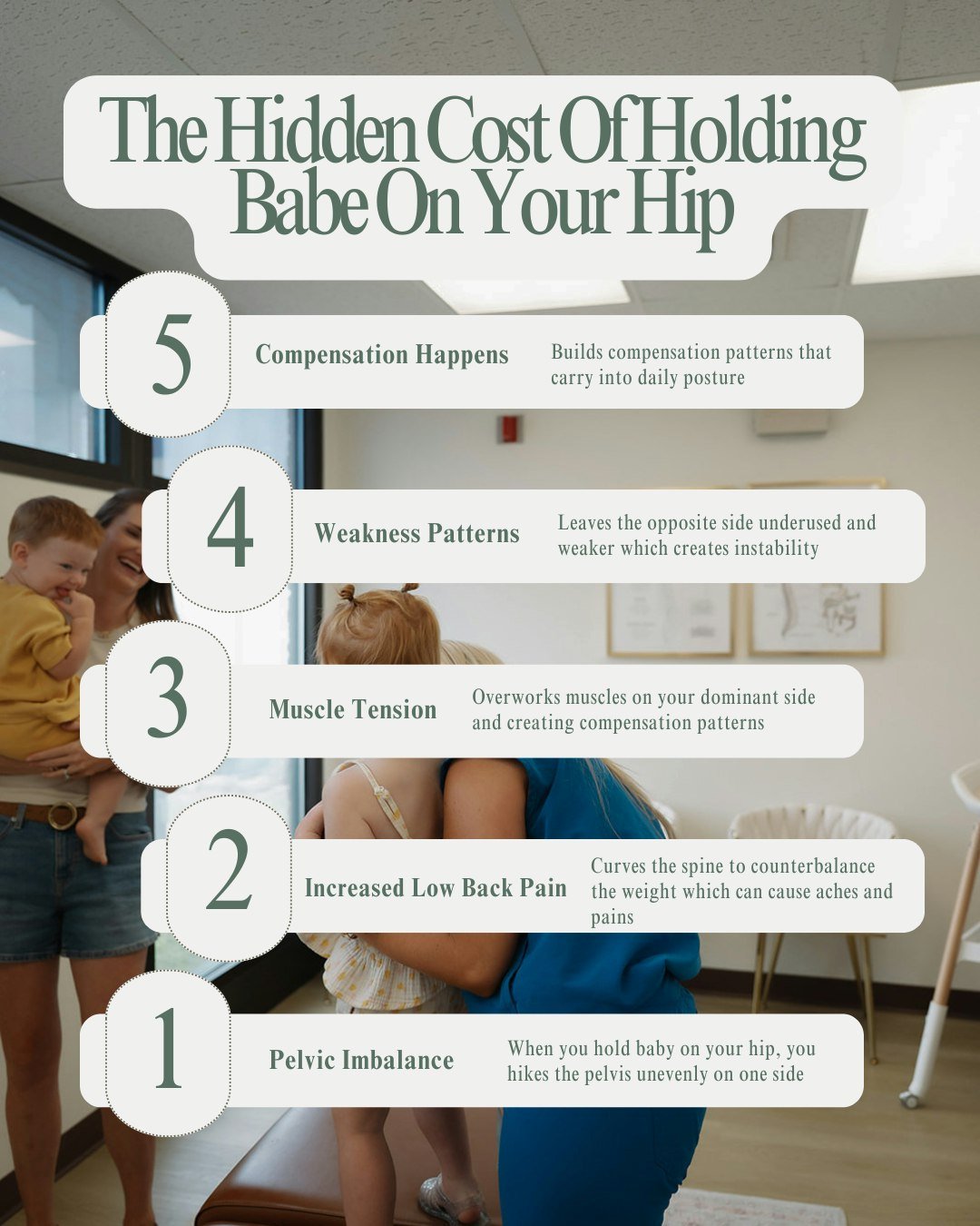 We all have "that side" we default to when carrying a kiddo but consistently favoring one hip creates asymmetrical loading on your spine and pelvis, and your body compensates for that imbalance every single time you do it. 

When you carry 