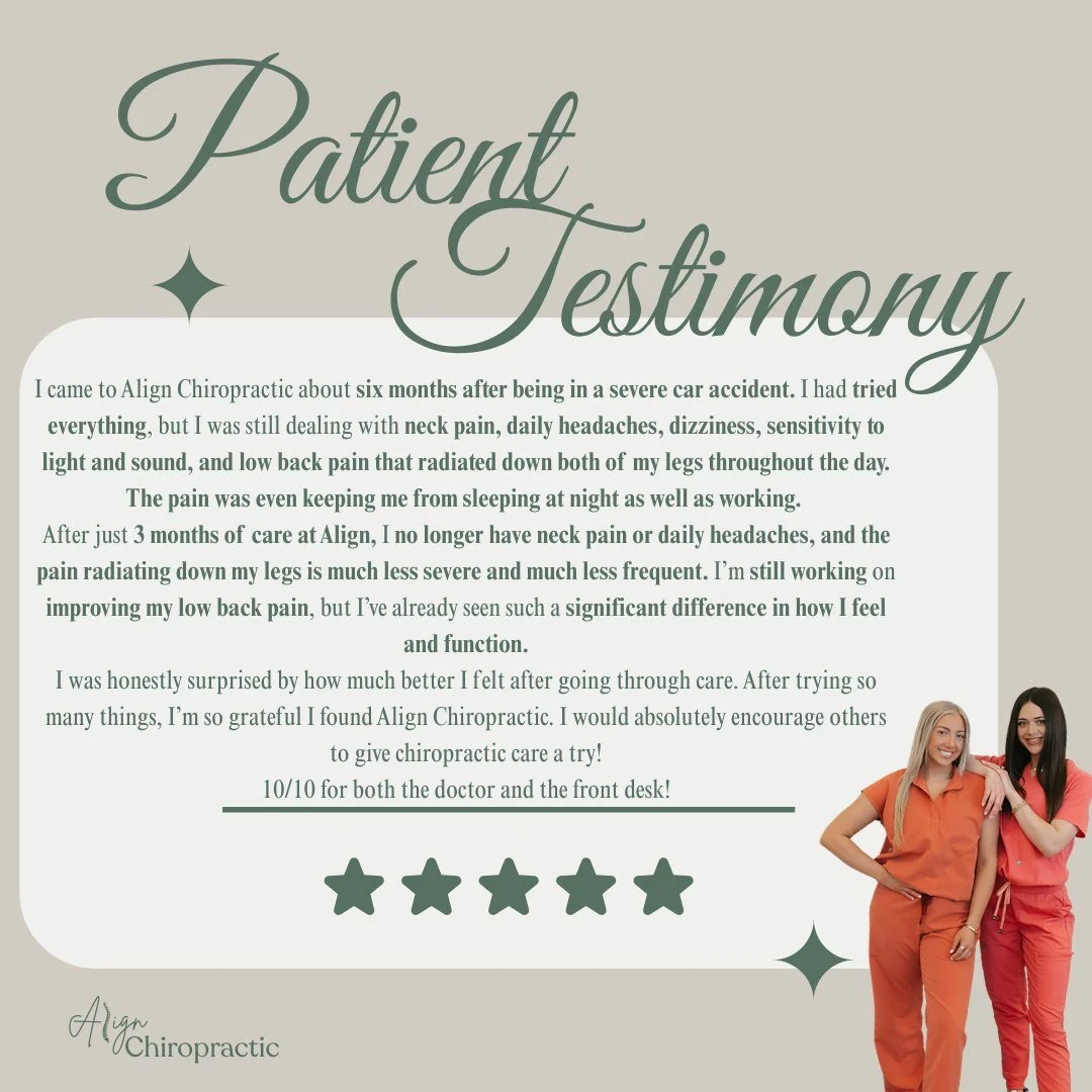 After a severe car accident, this patient was struggling with daily headaches, neck pain, dizziness, sensitivity to light and sound, and low back pain with symptoms radiating into both legs.

Through consistent chiropractic care, she has seen signifi