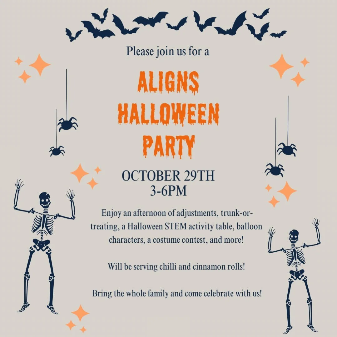 🎃👻 HALLOWEEN AT ALIGN! 👻🎃

We&rsquo;re so excited to open our doors for an afternoon of family fun on Thursday, October 29th from 3&ndash;6 PM!

One of our favorite parts of this event is our Trunk-or-Treat with local businesses who share our hea