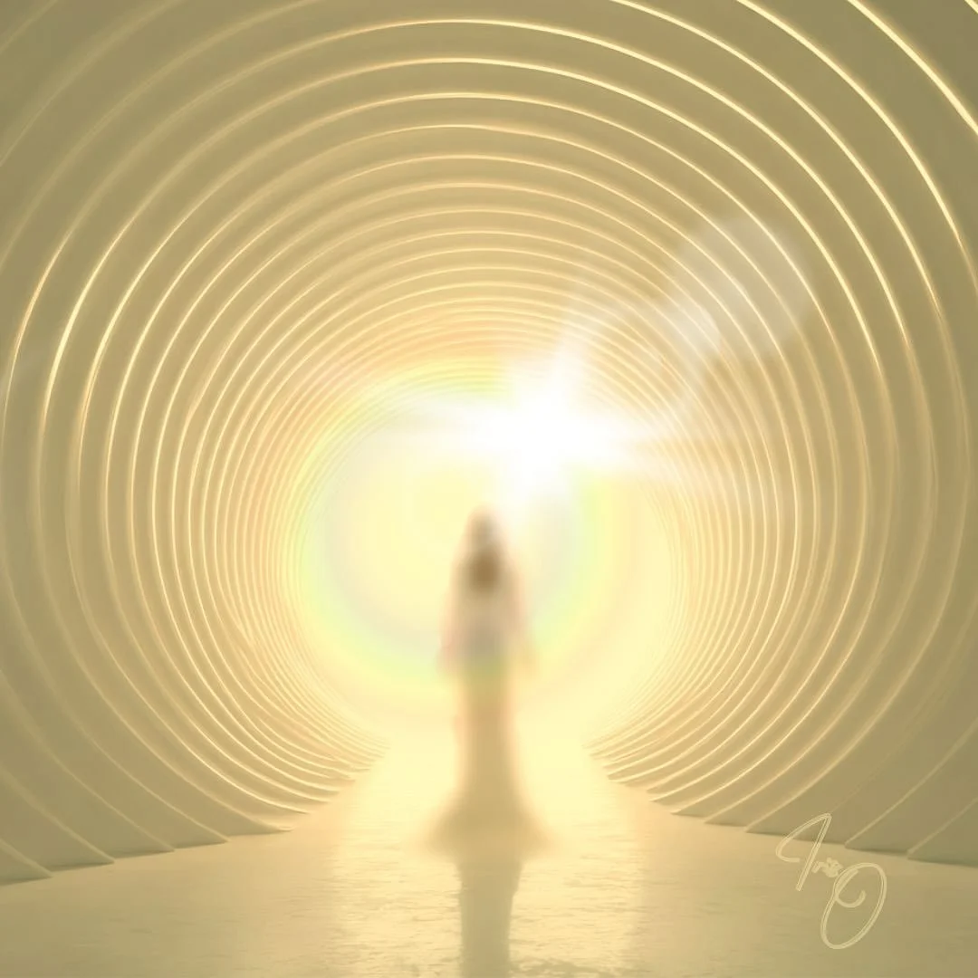 As you walk up through the corridor
of light 
feel the pulsing frequency waves 
brightly encircling you
pulling you ever upward 
from light to Light
your light illumines the walkway 
your light creates the passage
to that place 
where your light join