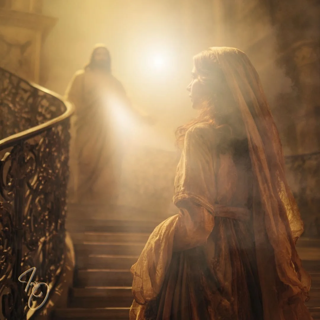 I saw the softened image of a pillared colonnade
of the temple, at the top of a golden staircase, 
a meeting point on the upward path 
within softest union, 
of breath to breath
and flesh to flesh 
and soul to soul 
as spirits,
 one
from days of old
