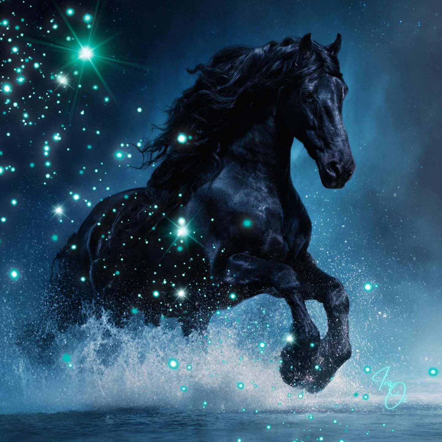 Dark horse, ride the black velvet winds
On the gossamer drapes of deep night &mdash;
Sweep the crystal constellations
With the magnificent curve of your ebony tail
Blue noir, gallant friesian
With wild eyes immersed
See the womb of creation
Pant with