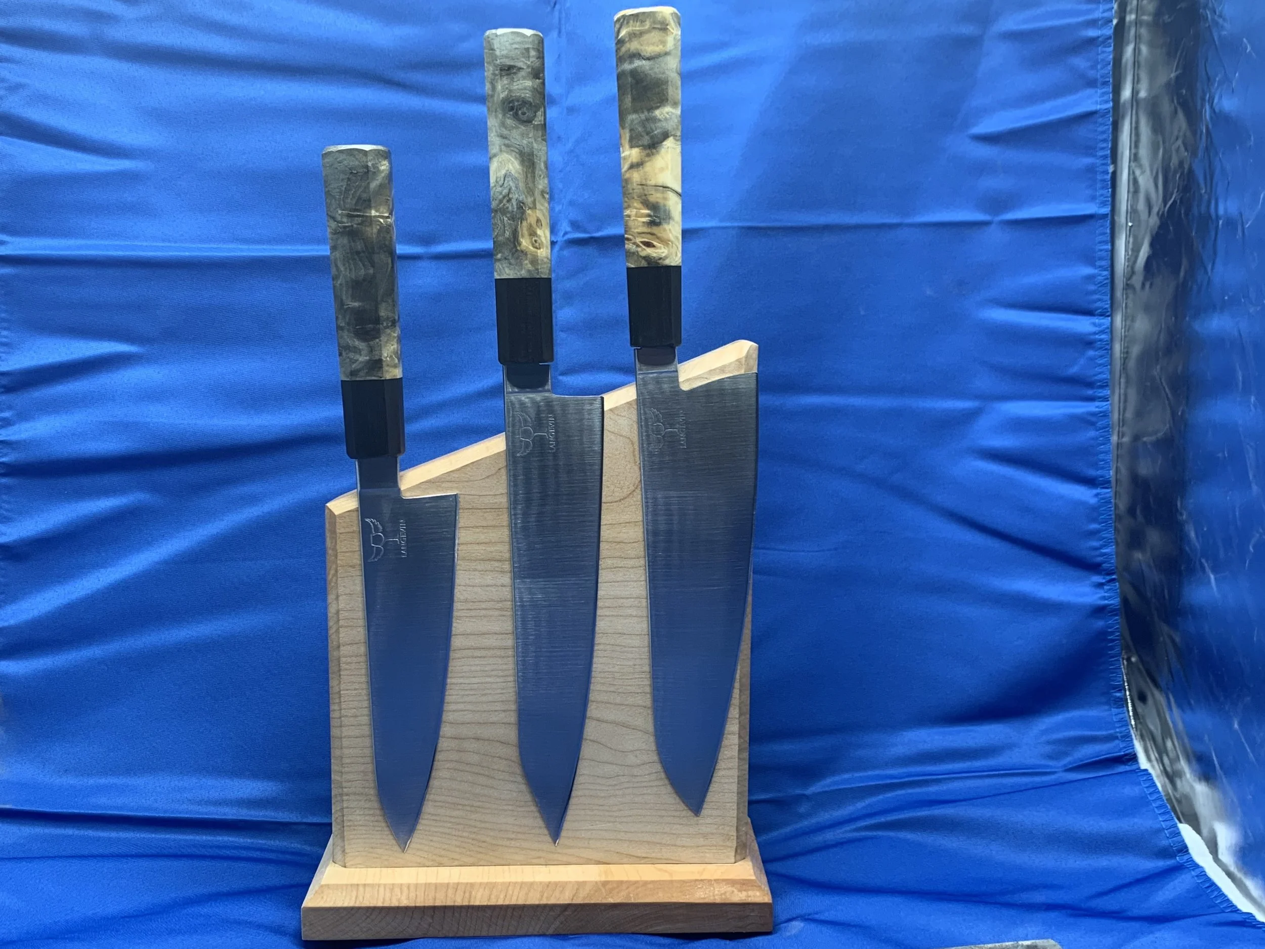 Set of 8 inch chef, k tip chef, 6.5 inch utility all AEB-L stainless 61 hardness rating buckeye burl handle and ebony bolster