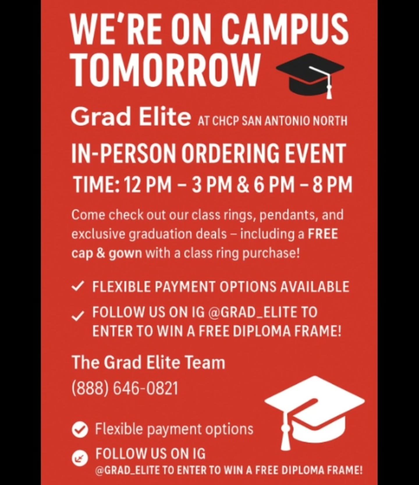 🎓 CHCP San Antonio North &ndash; We&rsquo;re Back On Campus TOMORROW! 🎉

Stop by our Grad Elite Ordering Event on April 17th from 12&ndash;3 PM &amp; 6&ndash;8 PM to check out our stunning class rings and pendants in person! 💍✨

🚨 Don&rsquo;t mis