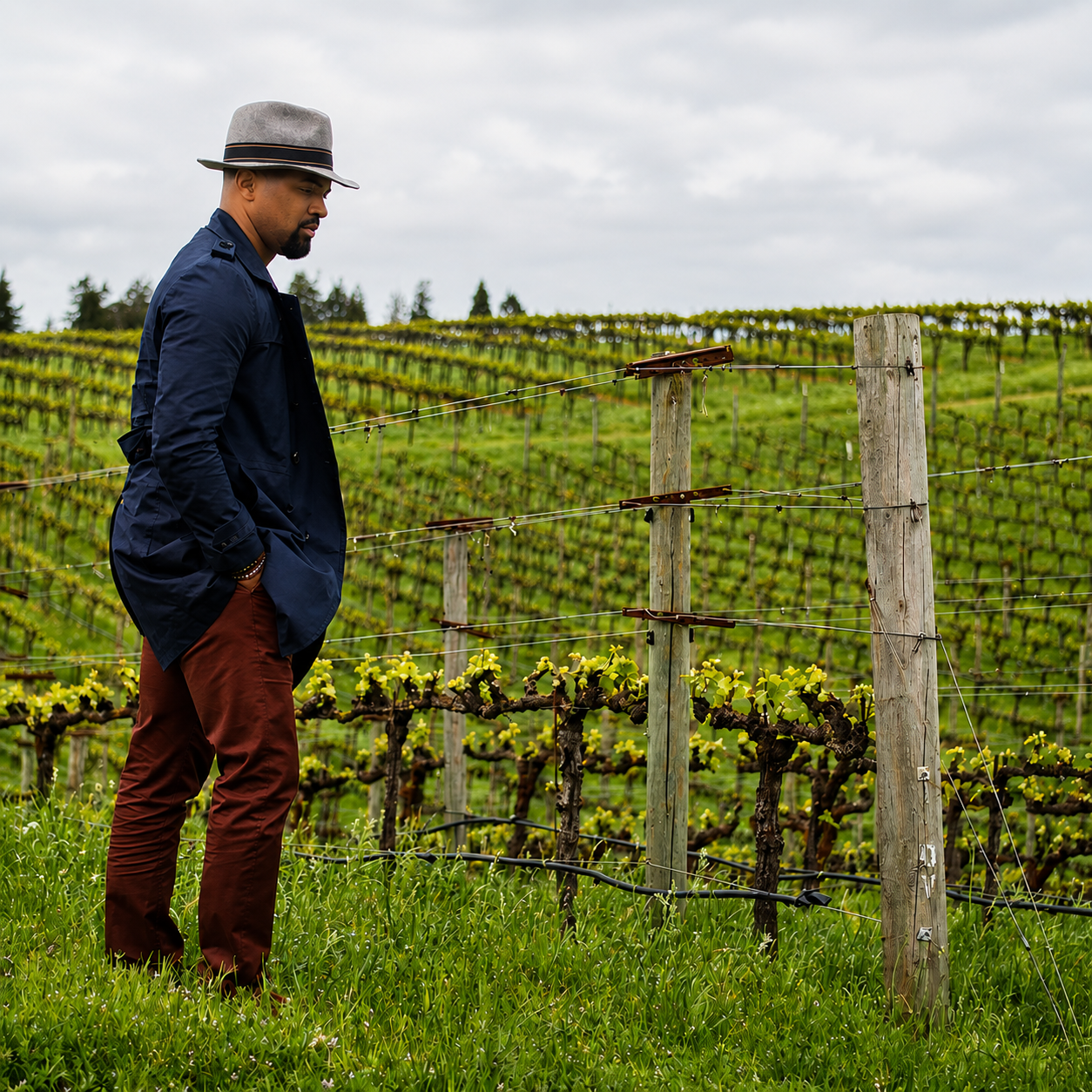 DLynn in a gray brim hat and dark jacket stands in a vineyard, looking at the grapevines.