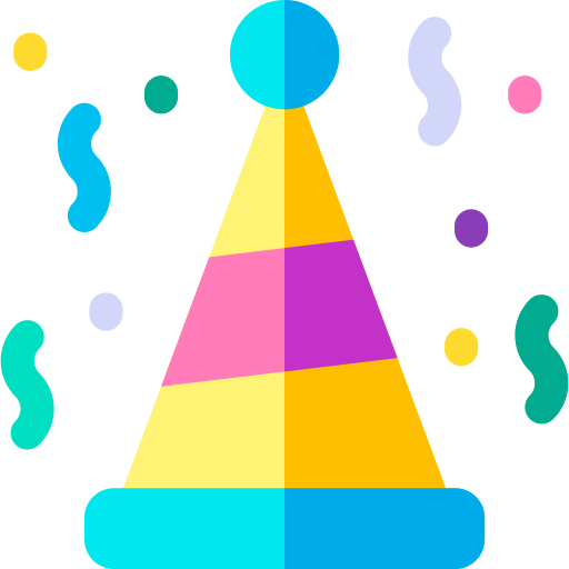 Colorful party hat with yellow, pink, and yellow stripes, surrounded by small confetti and squiggly line decorations on a black background.
