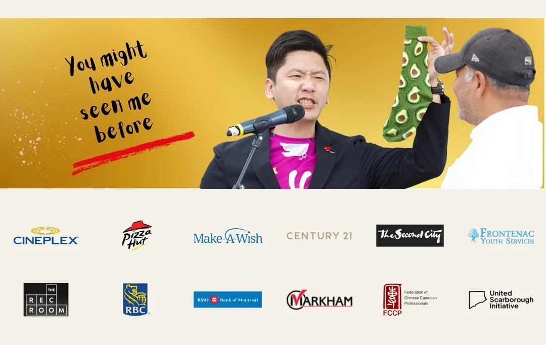 Toronto corporate magician Jason Lam performing on stage, trusted by corporate clients including Cineplex, RBC, BMO, Pizza Hut, The Second City and Make-A-Wish.