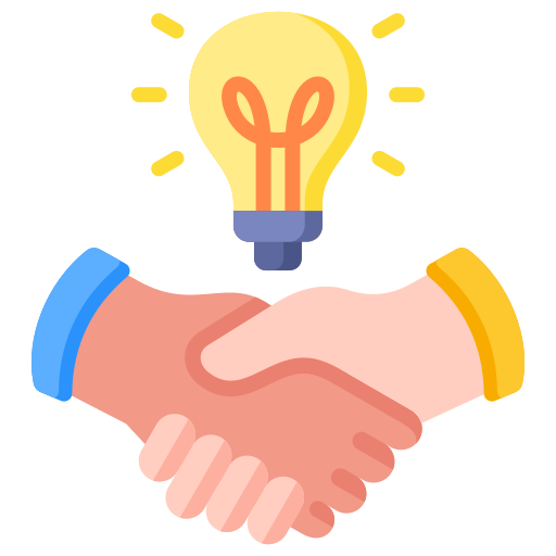 Two hands shaking with a light bulb above them.