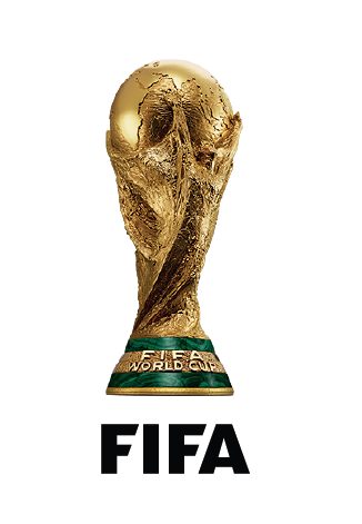 Gold FIFA World Cup trophy with green and gold ribbon at the base, set against a white background.
