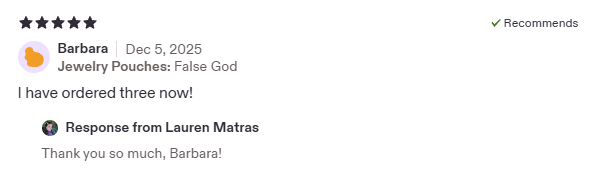 Screenshot of a product review from Barbara about Jewelry Pouches, with a reply from Lauren Matras thanking her.
