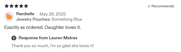 Screenshot of an online review for jewelry pouches, mentioning the color blue and a positive response from a customer.