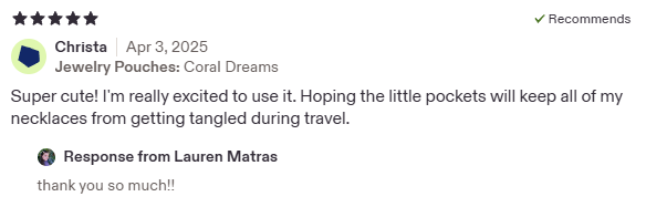 Screenshot of a customer review for coral dream jewelry pouches praising their cuteness and usefulness for travel.