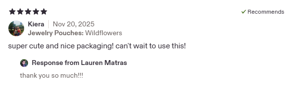 Screenshot of an online conversation discussing jewelry pouches with wildflower designs, praising their cuteness and packaging.