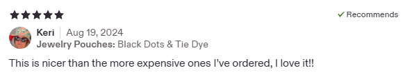 Review comment about black dots and tie dye jewelry pouches, expressing love for the product.