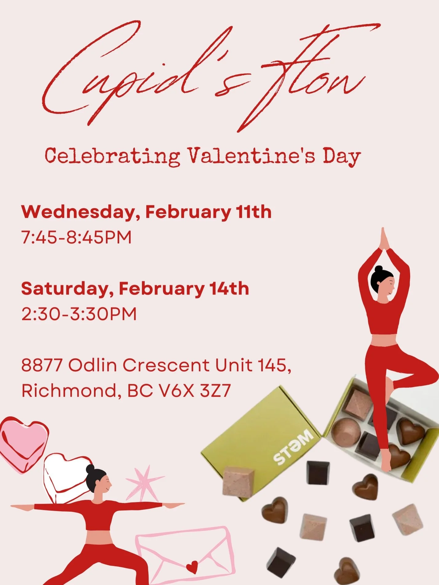 Love is better when it flows 🤍

Wednesday, February 11th
7:45-8:45PM
Saturday, February 14th
2:30-3:30PM

📍8877 Odlin Crescent Unit 145, Richmond, BC V6X 3Z7

👼🏹💖 Join us for Cupid&rsquo;s Flow, a heart-centered partner yoga experience designed 