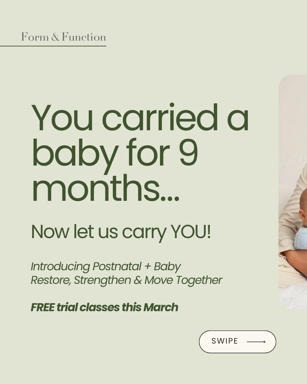 Mamas this is your sign 👀 
We are giving away 6 FREE trial classes in March for our brand new Postnatal + Baby class and spots are already starting to go. 
Completely free. Just show up with baby. 
If you have been waiting for the &ldquo;right time&
