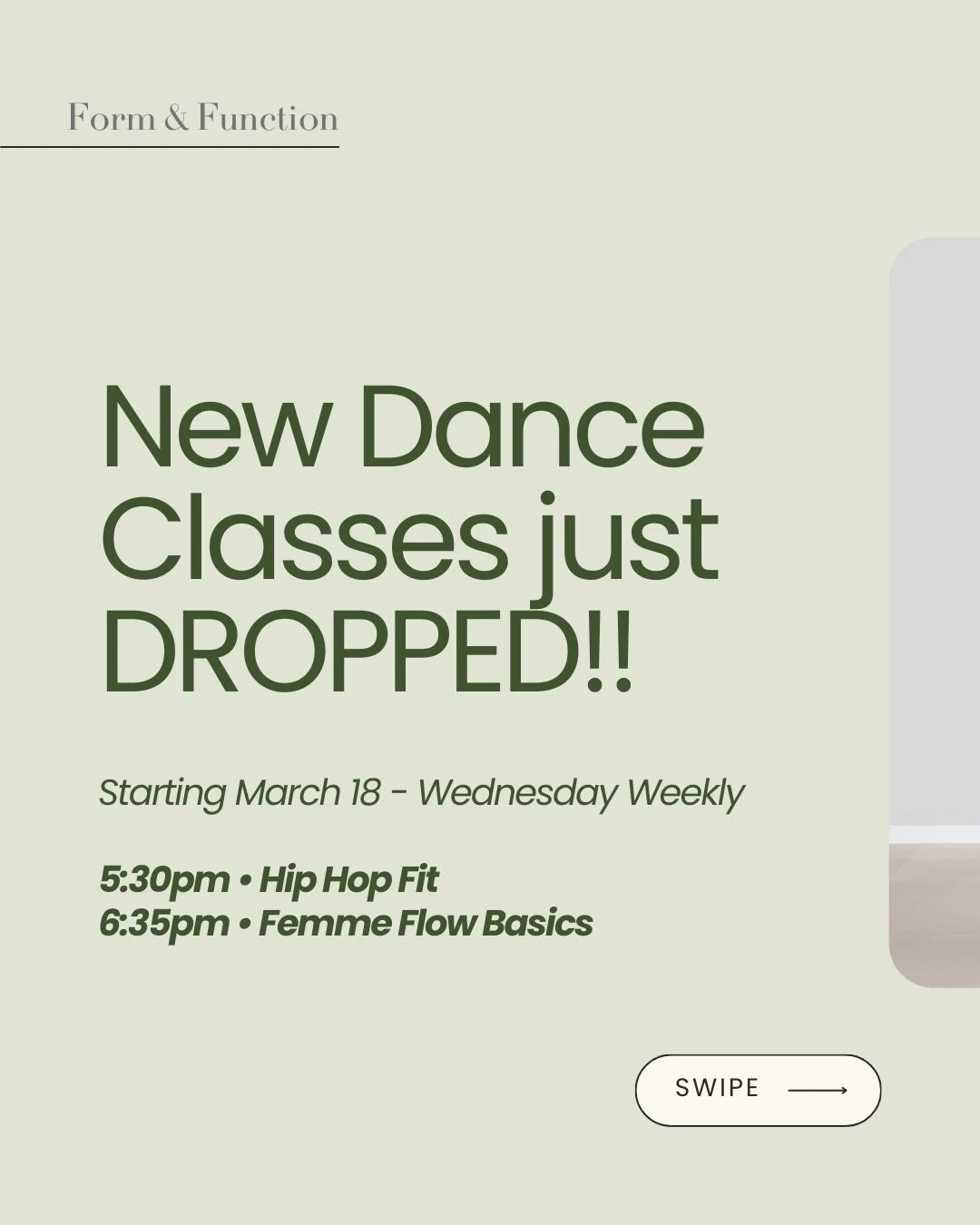 Something new is coming to the dance floor 💃🔥 
Starting March 18, we&rsquo;re excited to introduce two brand new dance classes at Form &amp; Function with our new instructor Kim Quilla. 
Wednesdays 
5:30 PM &mdash; Hip Hop Fit 6:35 PM &mdash; Femme