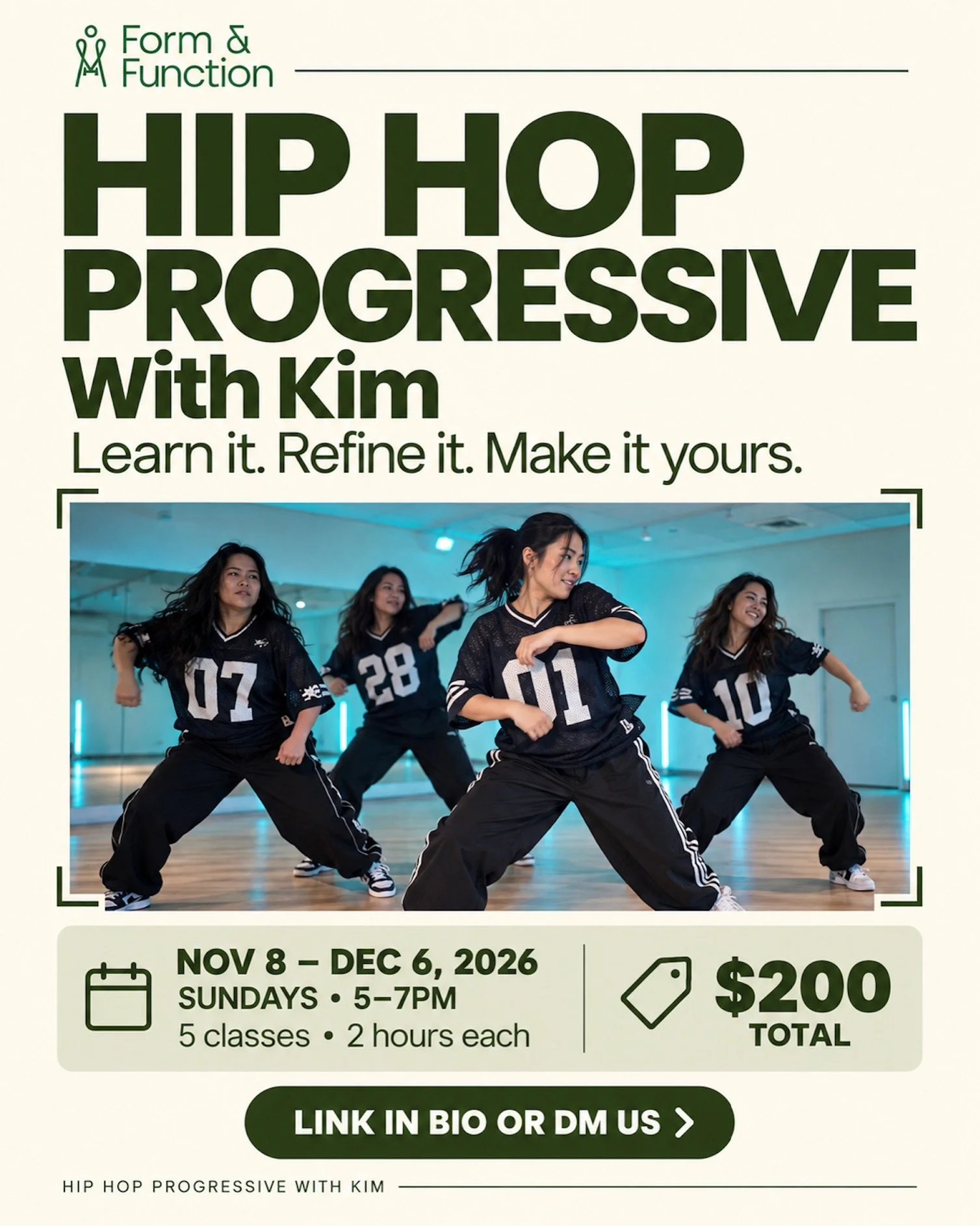 Five weeks to learn, practise and make the choreography your own 🎶

Join Kim for our Hip Hop Progressive course at Form &amp; Function! With two hours each Sunday, you&rsquo;ll have time to revisit the choreography, refine the details and build your
