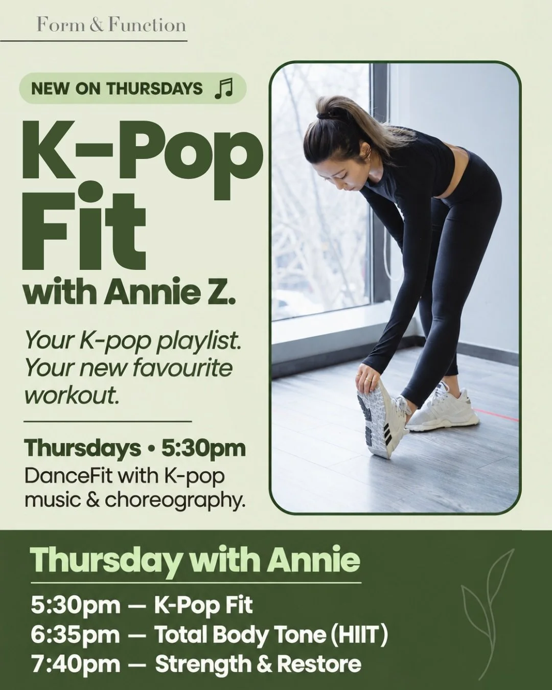 Your Thursday workout has a new soundtrack 🎶

Introducing K-Pop Fit with Annie Z.! Get moving with K-pop music and fun choreography that gives you something to look forward to after a busy day 💚

Meet Annie ✨ With over a decade of group fitness tea