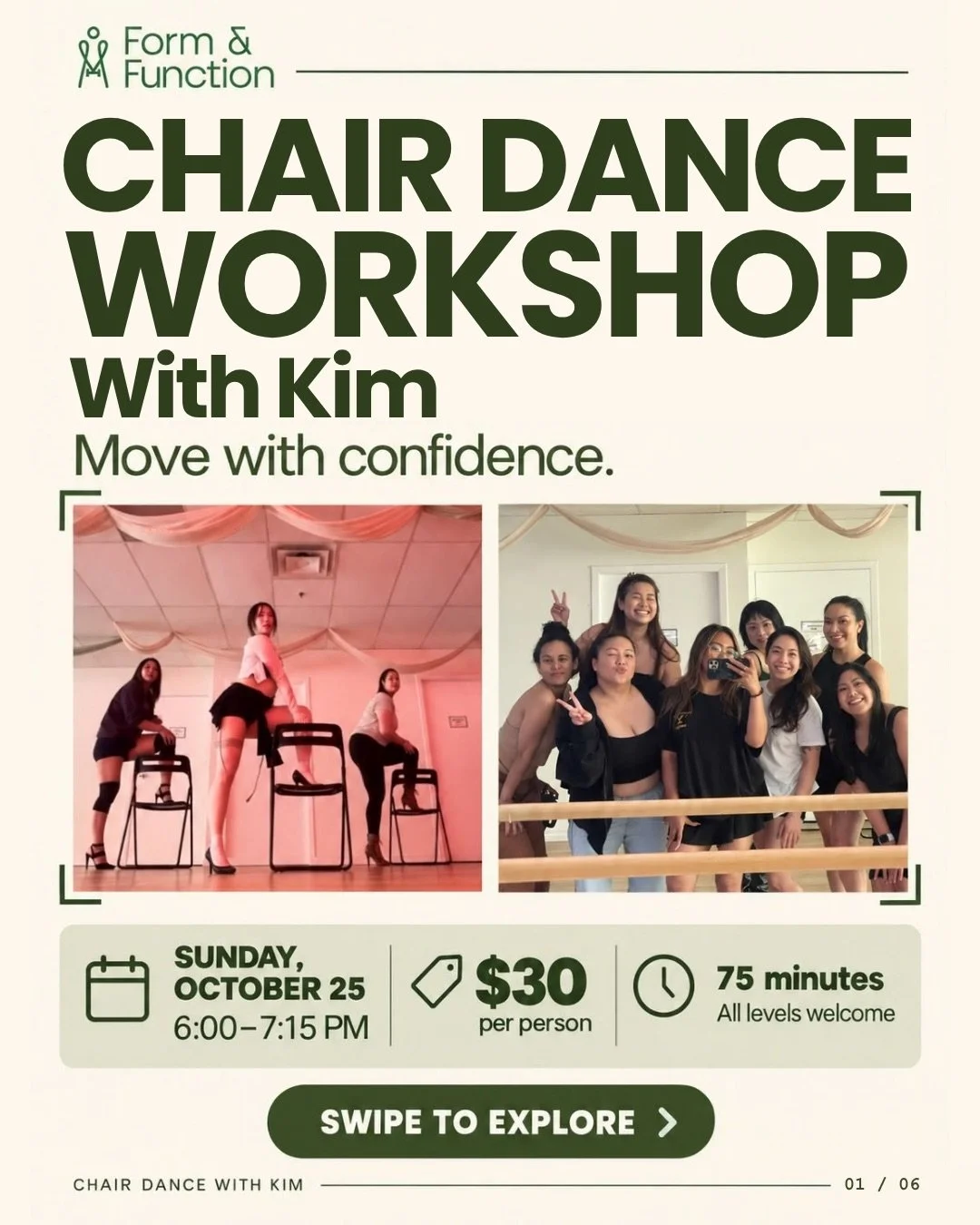 Your Sunday plans: good music, great company, and a little chair dancing ✨

Join Kim for a 75-minute Chair Dance Workshop at Form &amp; Function! We&rsquo;ll learn sensual femme choreography to &ldquo;Body Party&rdquo; by Ciara, exploring body contro