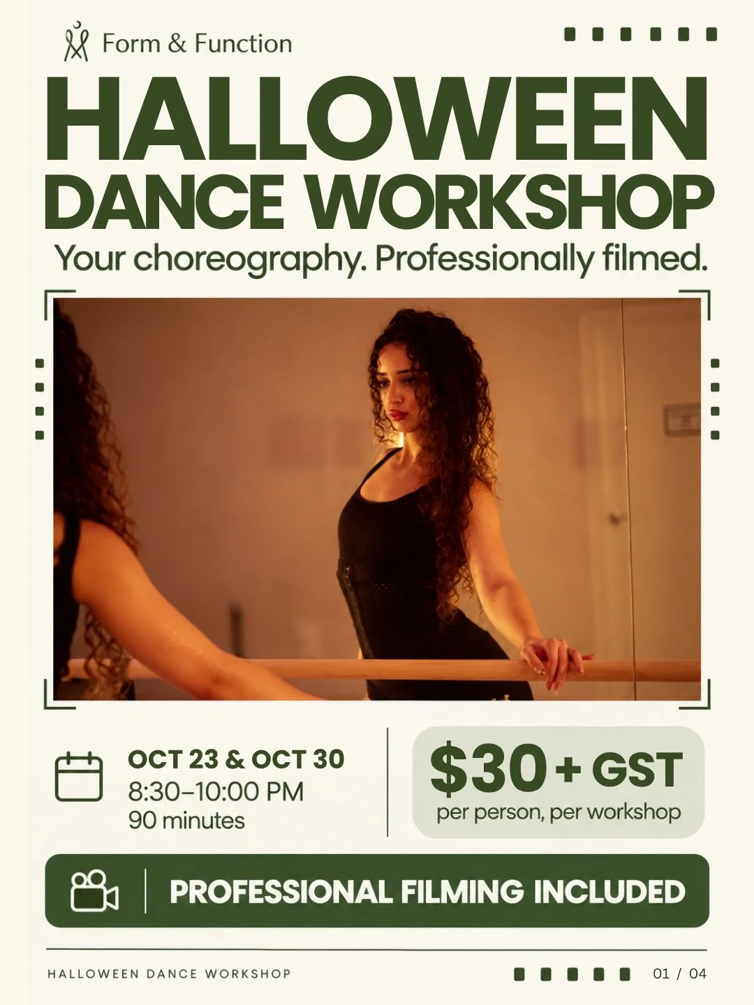 Your Halloween plans, with a little extra spotlight 🎥✨

Join Gigi at Form &amp; Function for a 90-minute Halloween Dance Workshop! Learn choreography, bring your own style, and enjoy your moment in front of the camera.

For $30 + GST, you&rsquo;ll g