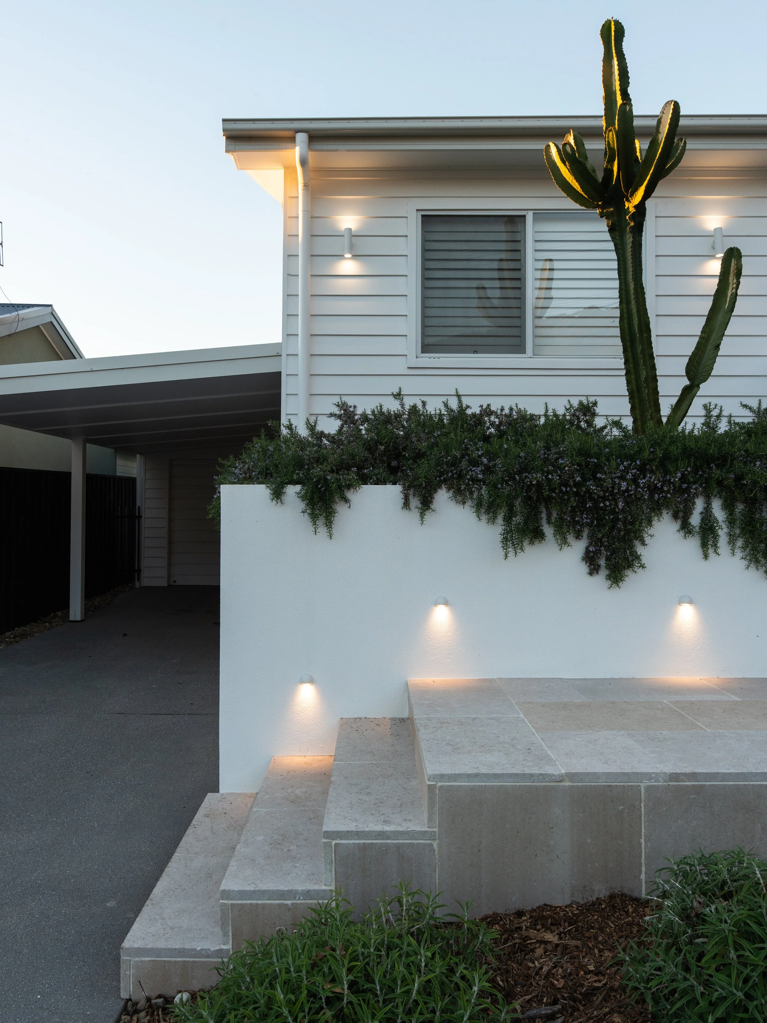 Integrated garden lighting illuminating natural stone steps, a rendered wall and cactus planting in a Wamberal landscape.
