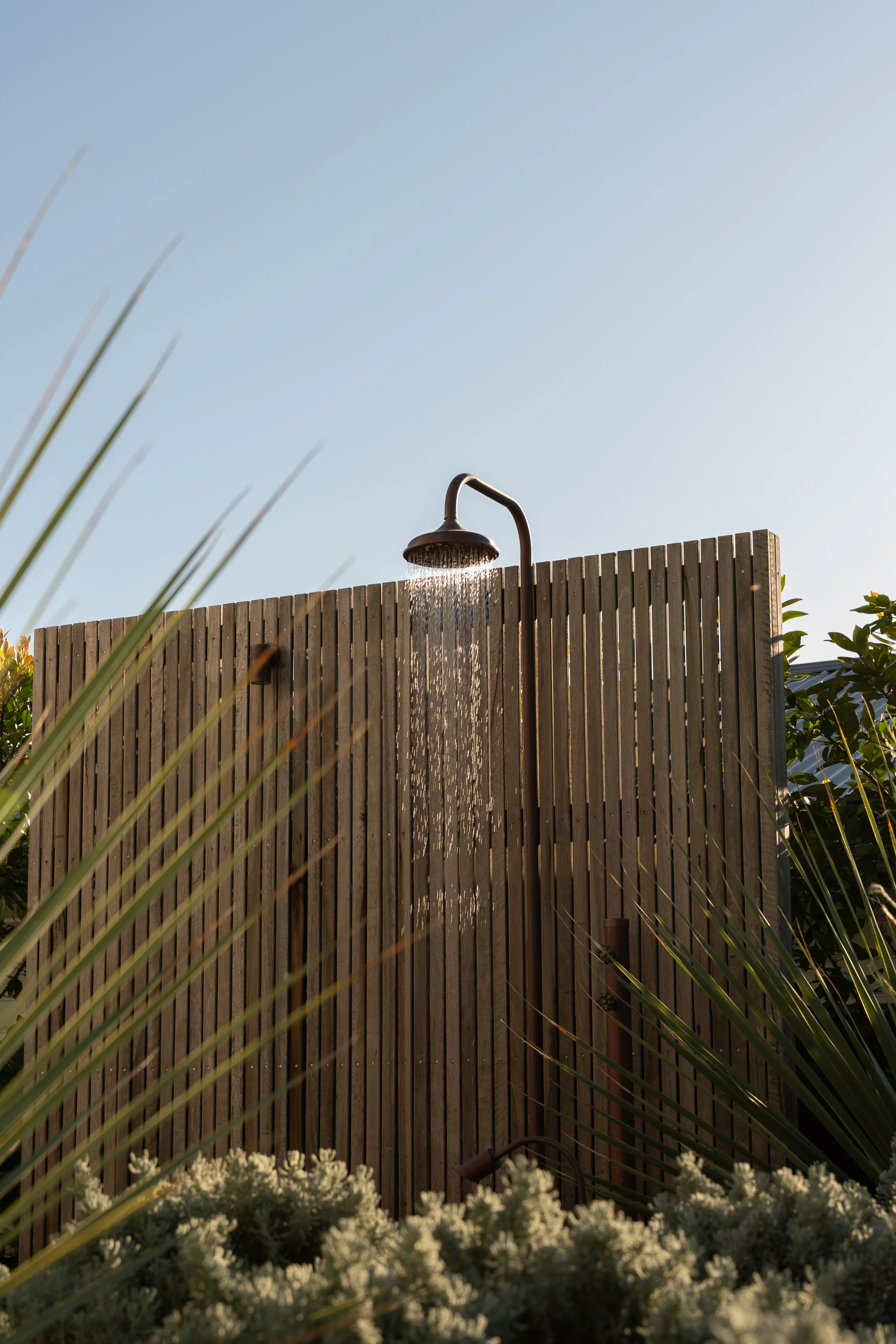 An outdoor shower with a black showerhead mounted on a wooden fence, water flowing down, surrounded by greenery and plants, under a clear blue sky in Wamberal on the Central Coast