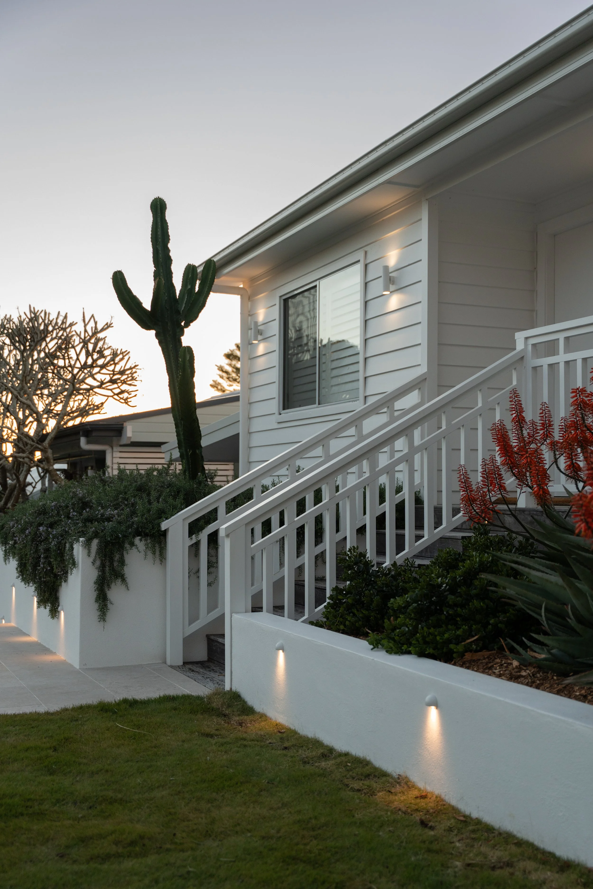 Wamberal front garden design and landscape construction in the early morning