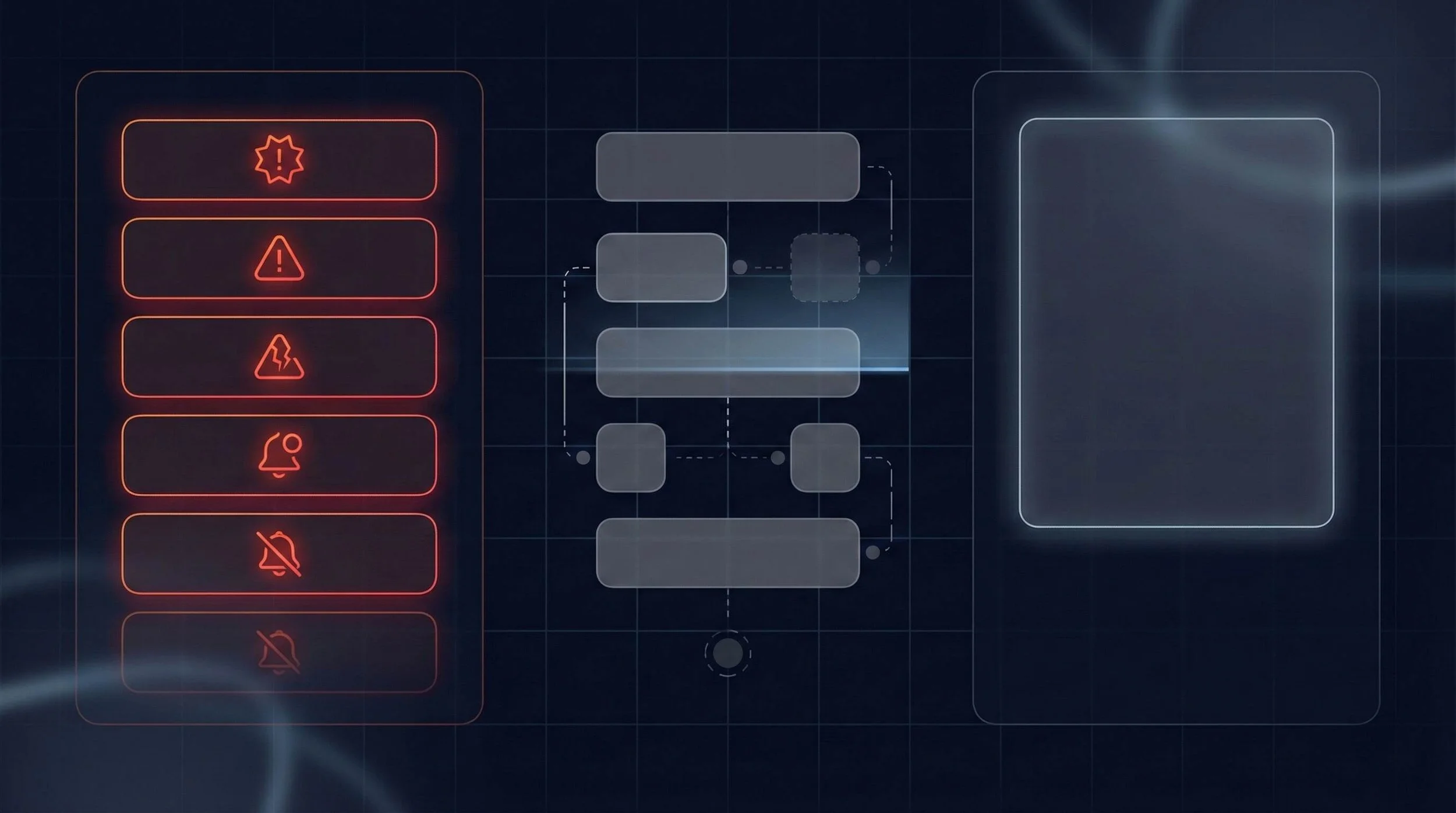 A digital display with warning icons and a flowchart on a dark background.