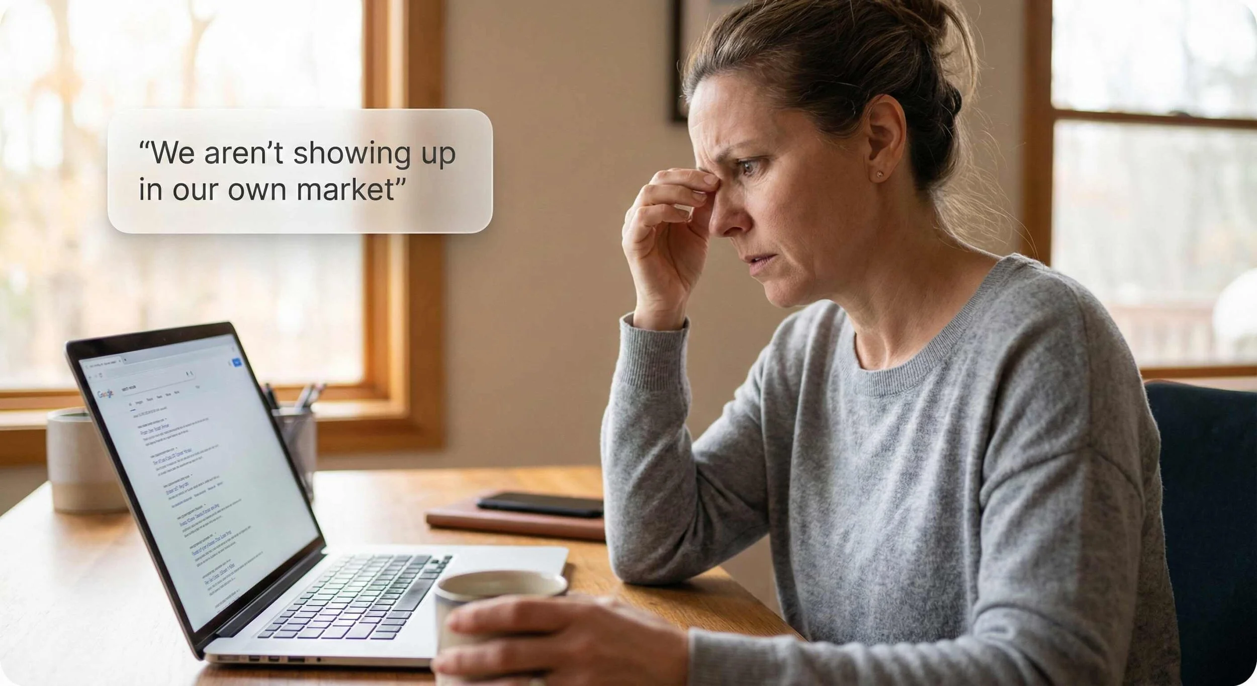 A woman sitting at a wooden table with a laptop, looking distressed and holding her forehead. There is a speech bubble that reads, "We aren't showing up in our own market."