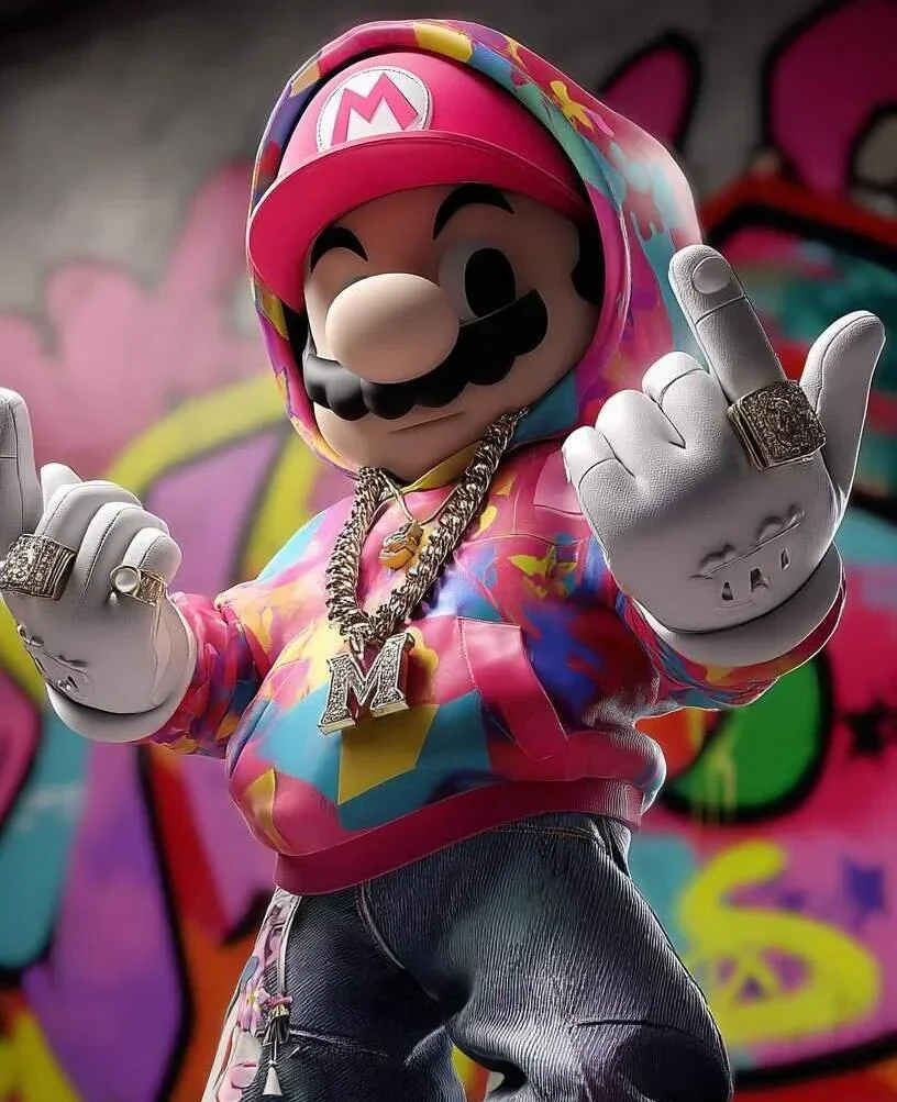 Costumed character resembling Mario from Super Mario wearing a colorful hoodie, pink cap with M, white gloves, and jewelry, standing against a graffiti wall.