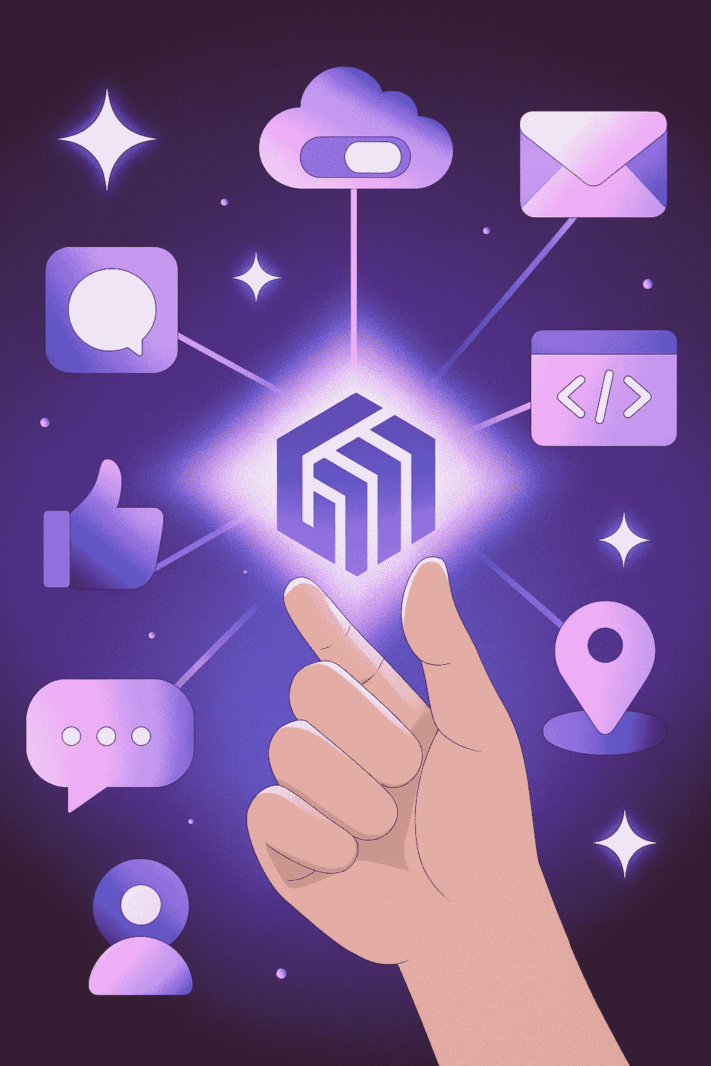 A hand pointing at a holographic blockchain icon, surrounded by icons of cloud storage, email, code, location, thumbs up, speech bubble, and chat, with sparkle effects on a purple background.