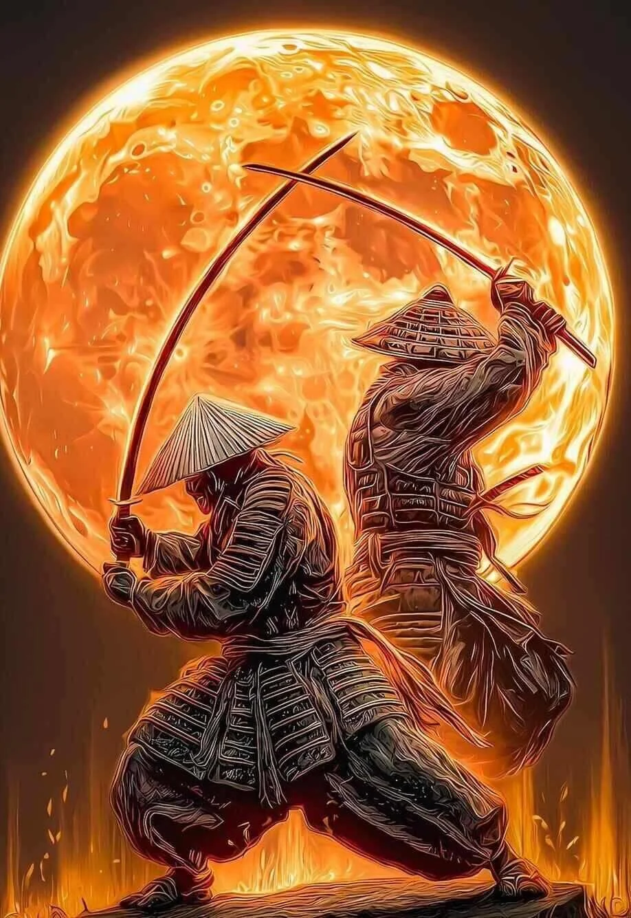 Two samurai warriors dressed in traditional armor, each holding a long spear, standing in front of a large fiery sun.