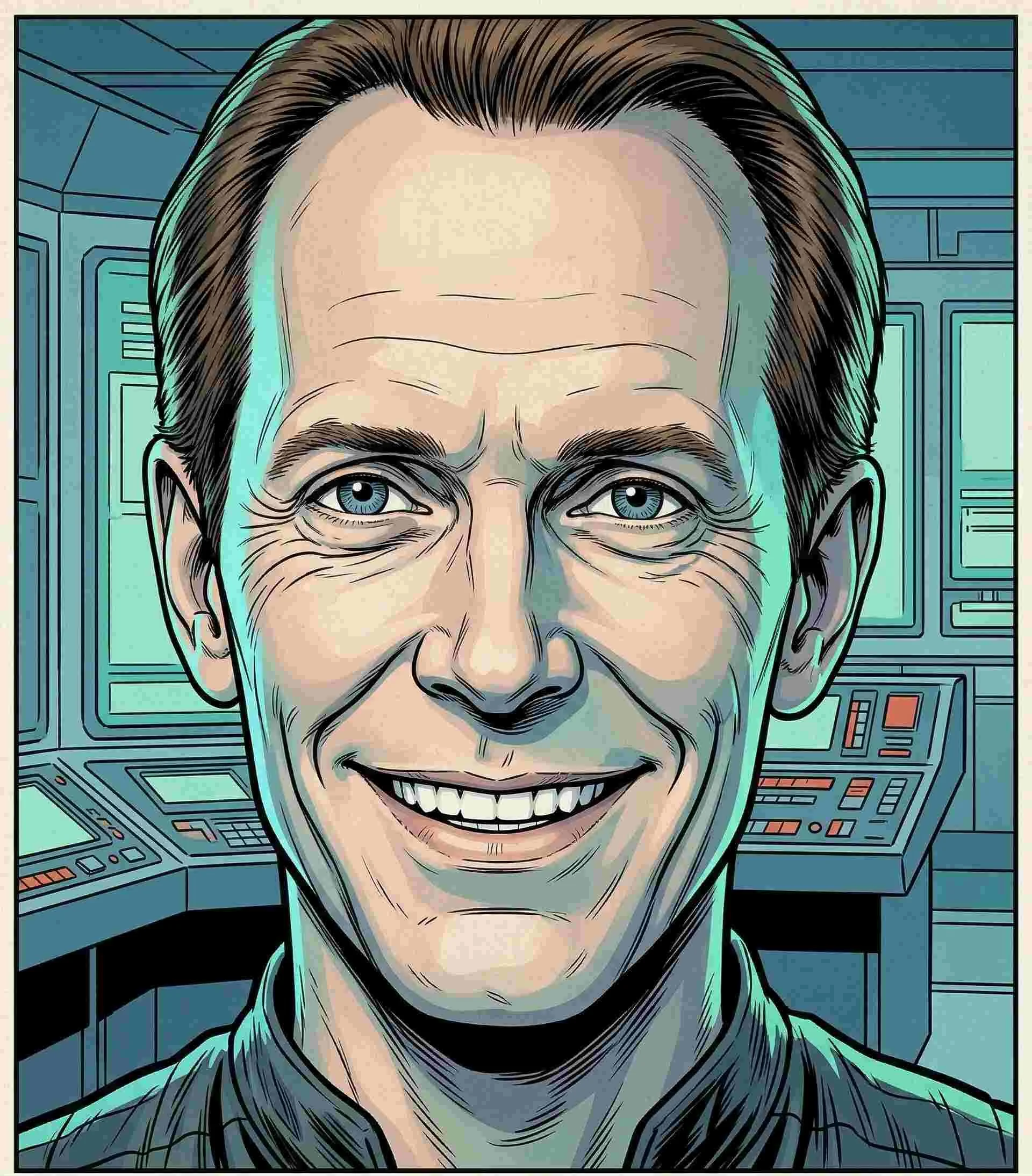 A digital illustration of a smiling man with short, slicked-back hair, blue eyes, and visible wrinkles on his forehead and around his eyes, set against a background of control panels and screens.