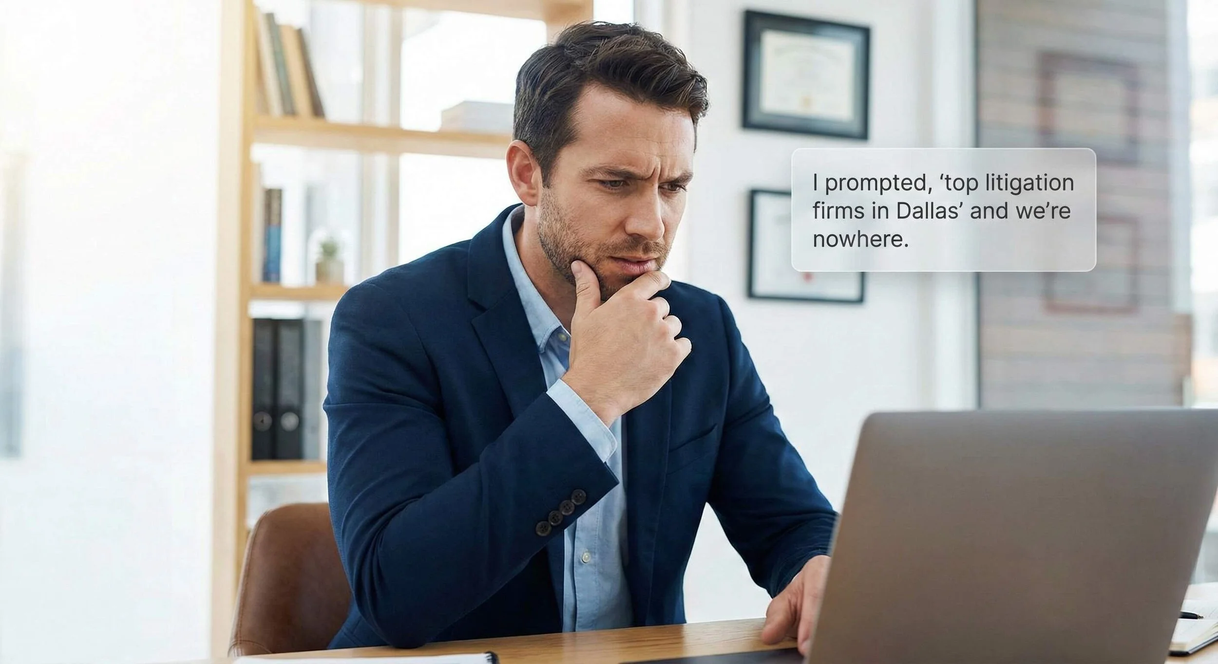 A man in a blue blazer and light blue shirt, sitting at a desk, looking at his laptop with a thoughtful expression, touching his chin, in an office setting.