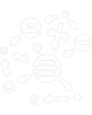 Abstract graphic of interconnected circles and arrows on a black background, representing a network or flow.