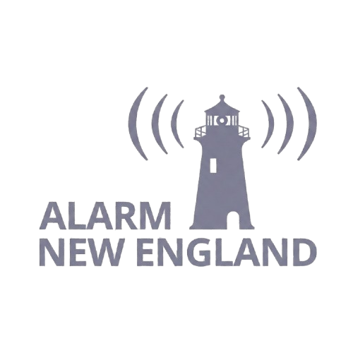 Logo of Alarm New England featuring a lighthouse with signal waves and the company name below.