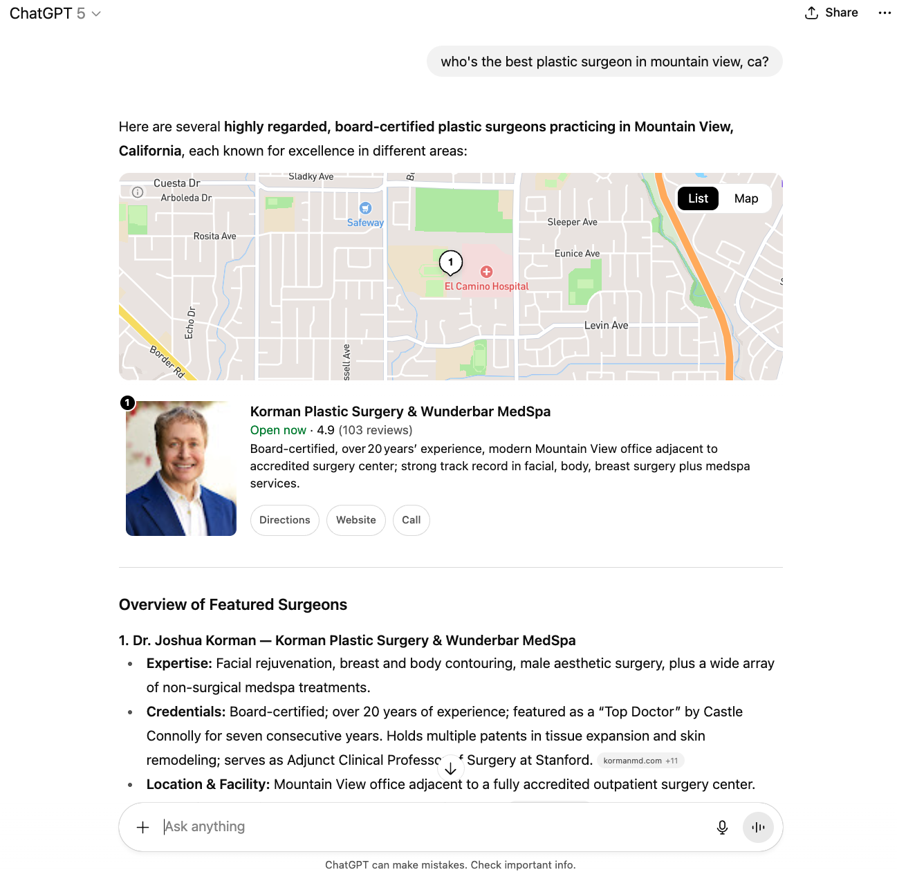 ChatGPT search result showing Korman Plastic Surgery ranked number one for best plastic surgeon in Mountain View California with map and business details