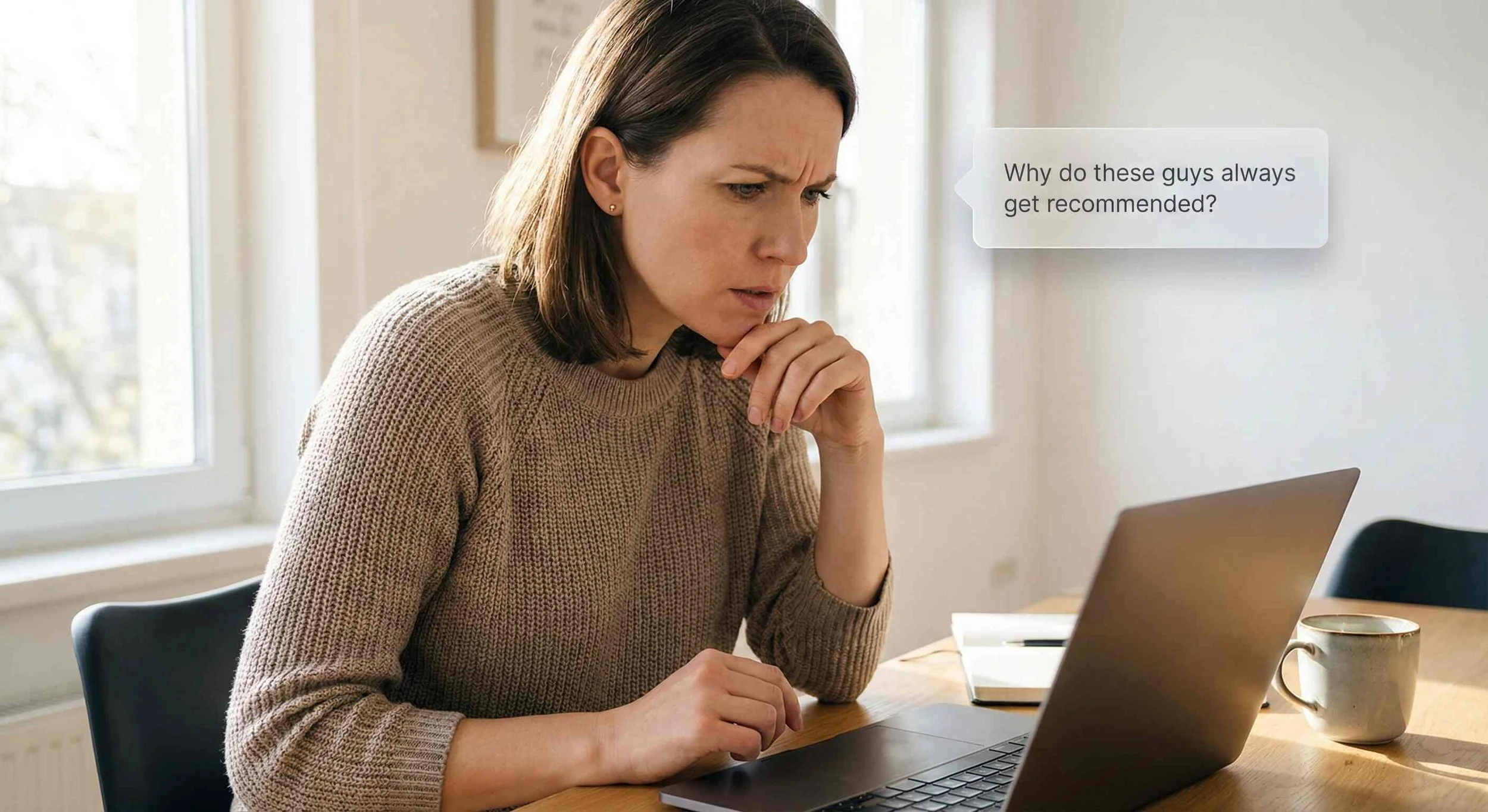 Woman sitting at a table, looking at her laptop with a puzzled expression. There is a speech bubble saying, 'Why do these guys always get recommended?'