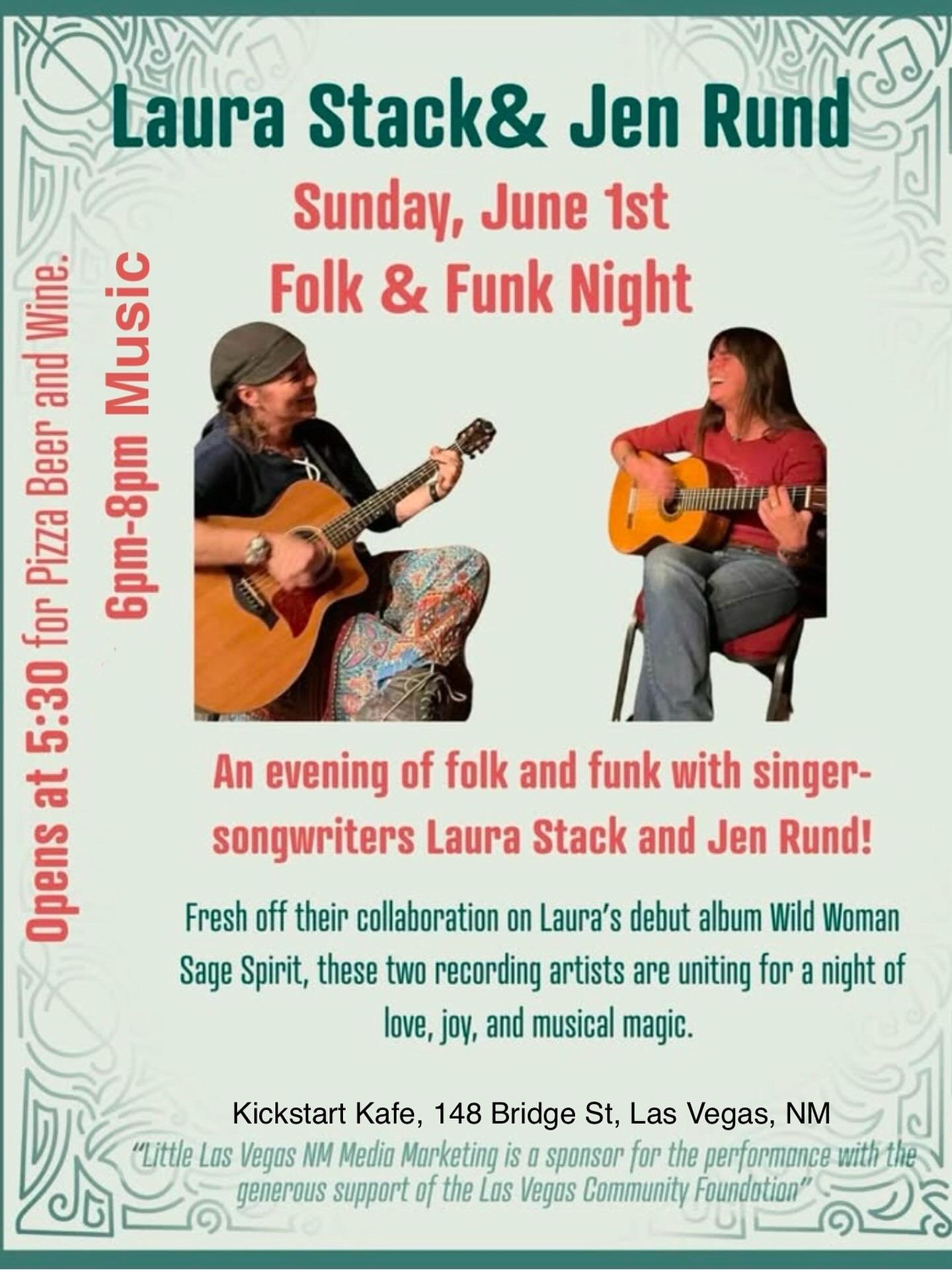 Folk and Funk Night!!! Sunday, June 1st at Kickstart Kafe in Las Vegas, NM @ 5:30pm. Music 6-8pm. I get to play with the fabulous Jen Rund!! She played bass on my album and is AWESOME!!

Get ready for a soulful evening of folk and funk with singer-so