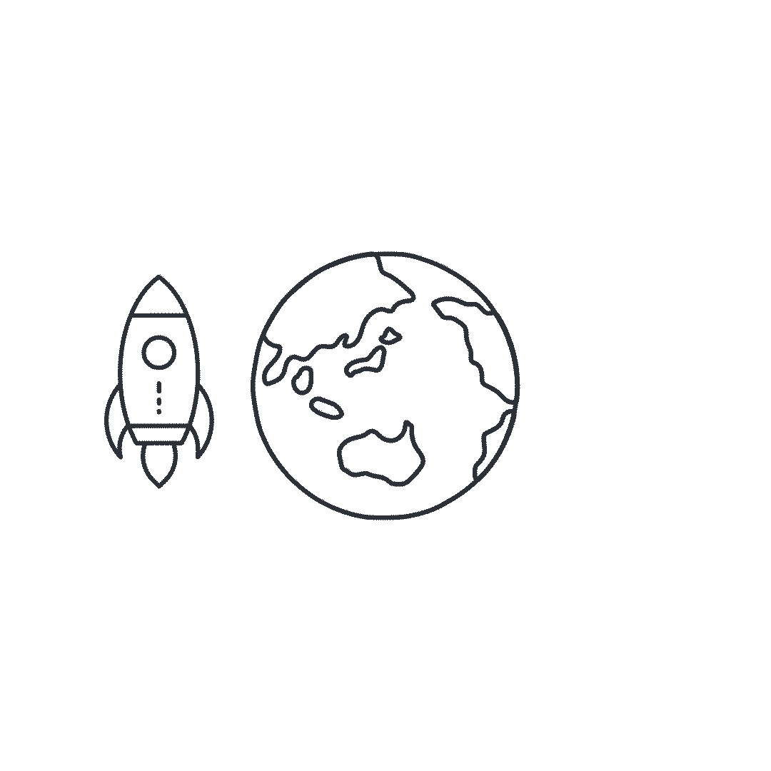 Line drawing of a rocketship to the left of a globe with continents, above text that says 'Launching Worldwide' and below text that says 'Start your journey today'.