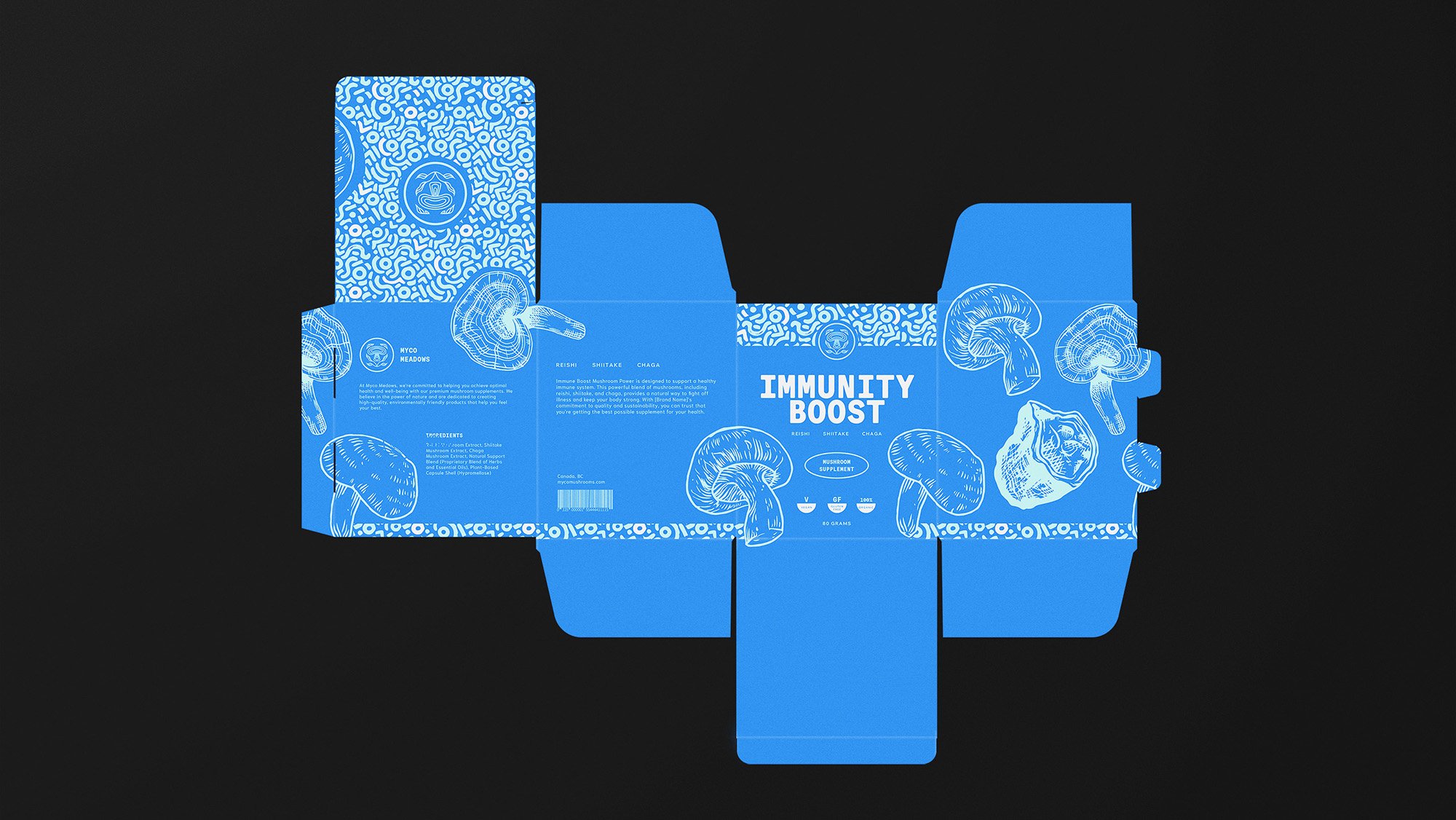 Myco Meadows packaging for supplement mushrooms dieline box blue