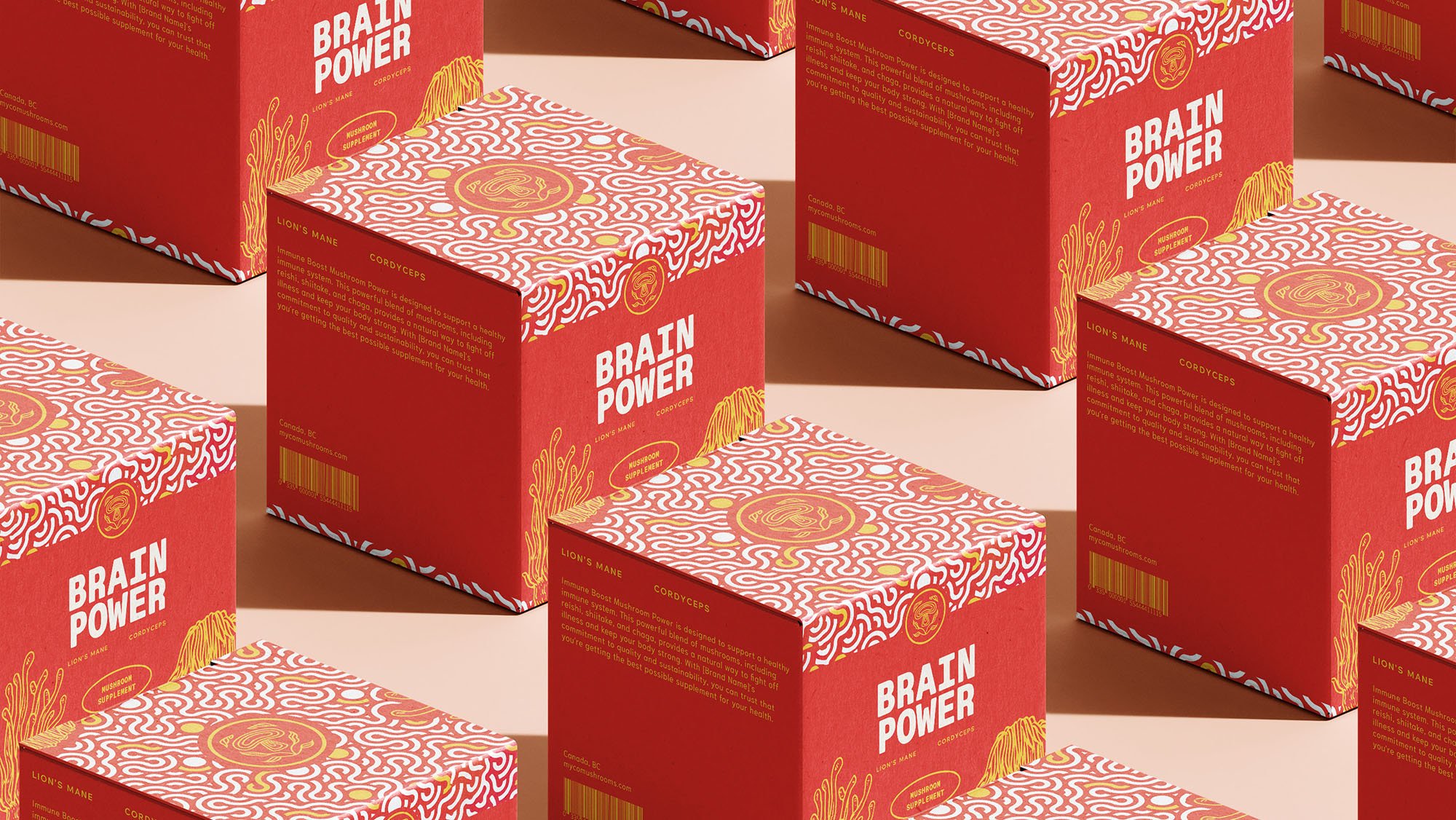 Vibrant, bold red packaging design for brain boosting mushroom supplement brand
