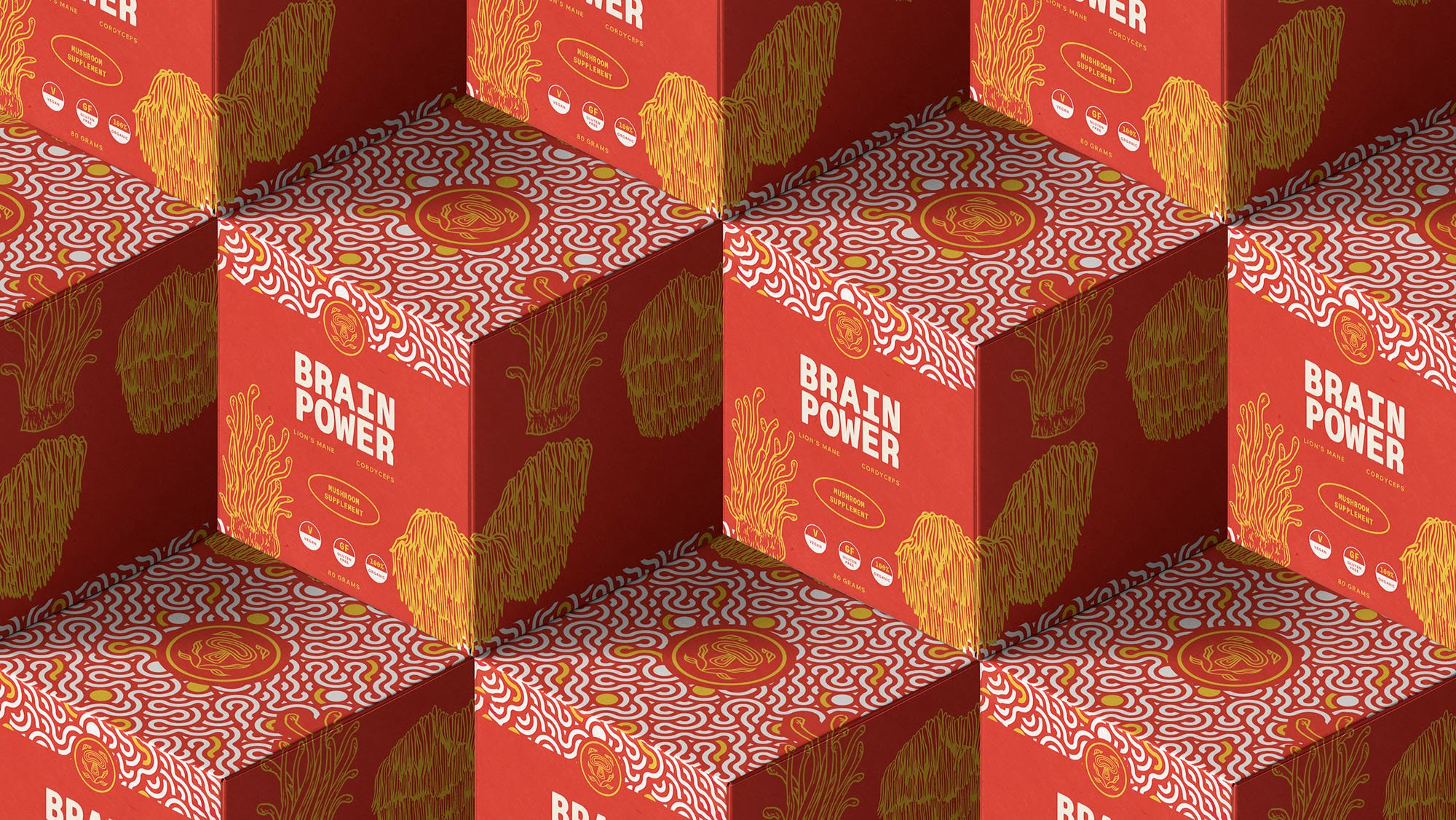 Mushroom supplement box brain power red mockup