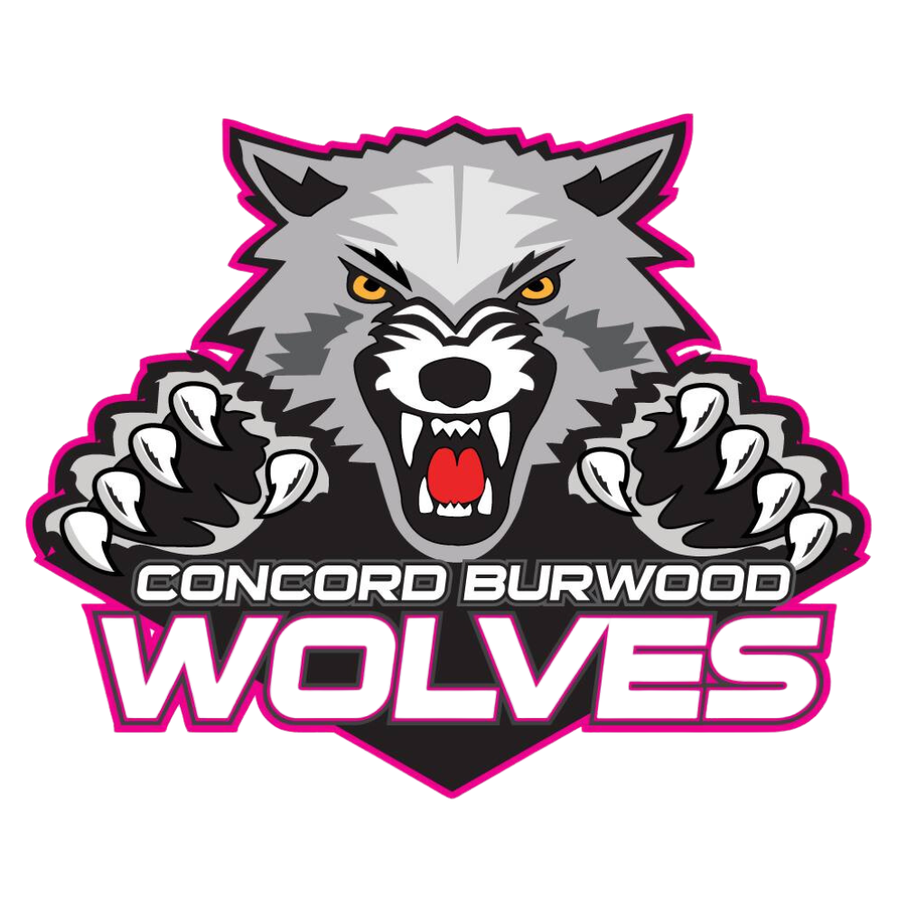 Logo of the Concord Burwood Wolves featuring a fierce wolf head with yellow eyes, sharp teeth, and claws, with the team name written below in bold stylized font.