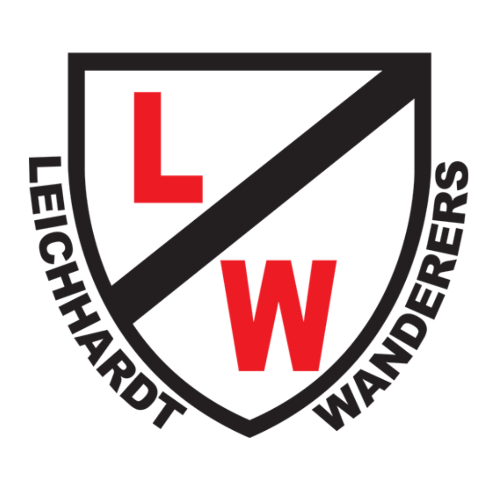 Shield-shaped logo with red letters 'L' and 'W', diagonal black stripe, and black text reading 'LEICHHARDT WANDERERS' around the border.