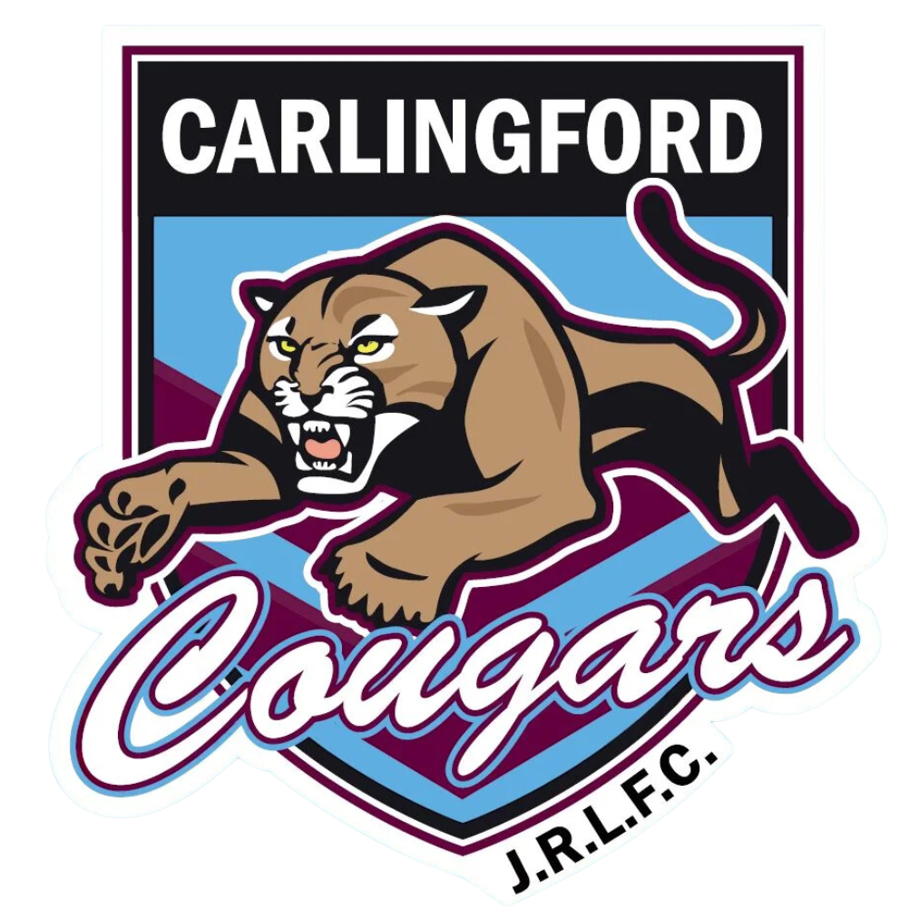 Logo of Carlingford Cougars rugby team featuring a fierce-looking cougar with sharp claws, muscles, and an open mouth, positioned in front of a shield with the text "Carlingford" at the top and "J.R.L.F.C." at the bottom, with the word "Cougars" written in cursive across the front.